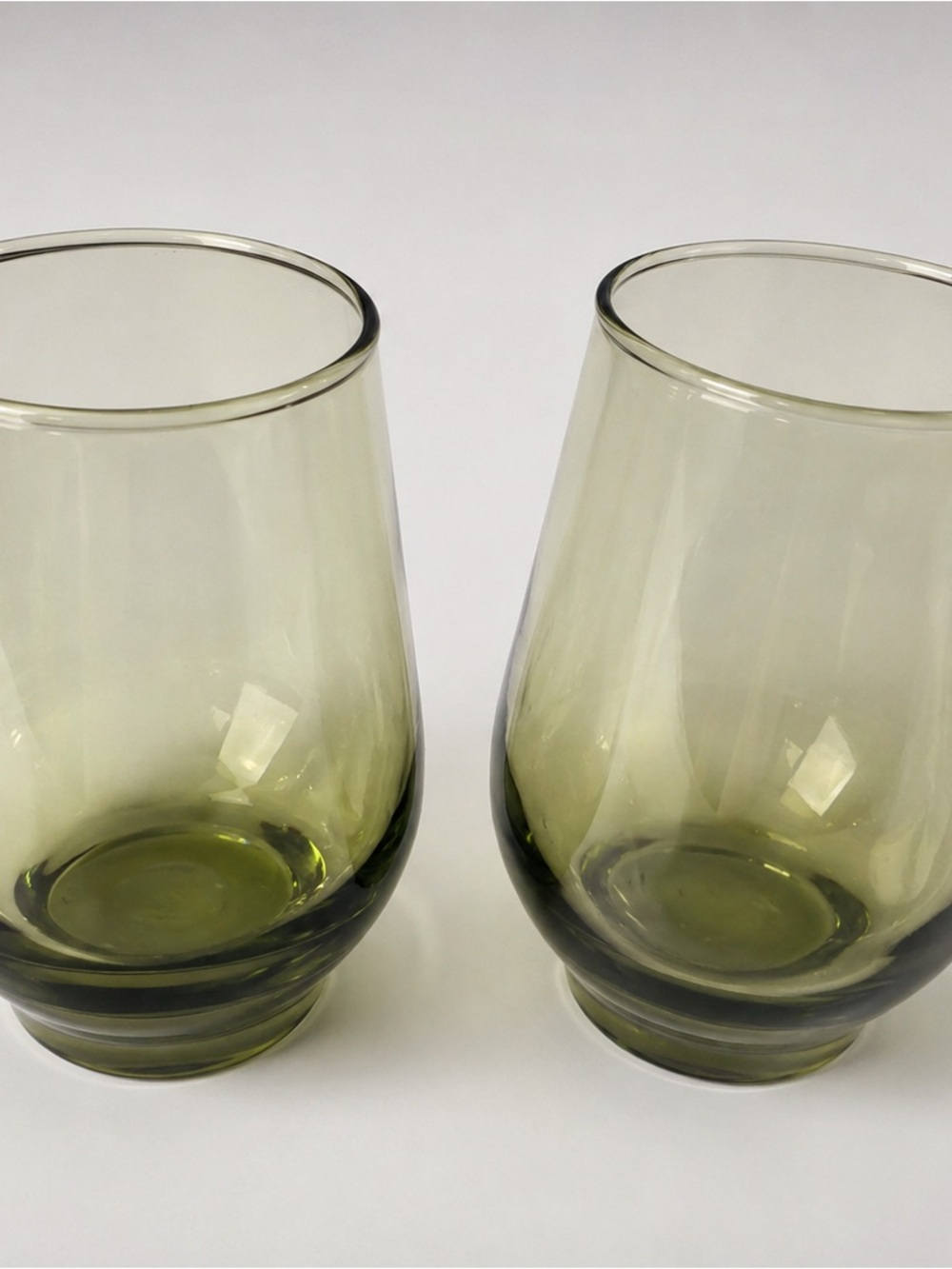 Vintage Olive Green Glass Tumblers Set of 2 Mid Century Footed Drinking Glasses